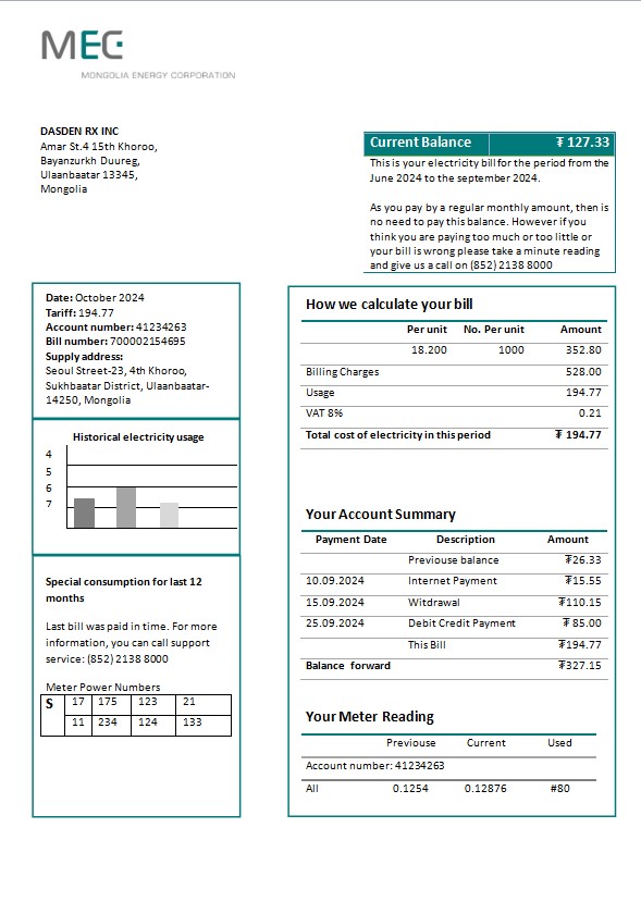 Mongolia Energy Corporation (MEC) electricity business utility bill template in Word and PDF formats